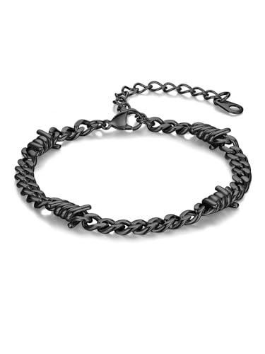 Bandmax Barbed Wire Chain Bracelets for Men Women Stainless Steel/Black/Gold Thorn Cuban Link Bracelet Adjustable Punk Emo Style Jewelry Gift - color: 05 5MM-Black Plated