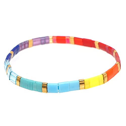 Tila Flat Beaded Stretch Bracelets for Women, Trendy Unique Colorful Square Beads Handmade Stack Bracelet Friendship Accessories Fashion Jewelry Gift