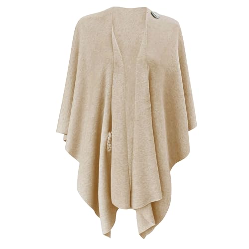 PULI Womens Large Cross Front Poncho Sweater Wrap Topper Knitted Elegant Shawls Cape for Fall Winter - color: 2-barley Twist With Button