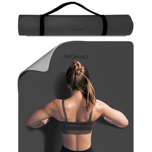 Extra Thick 8mm Yoga Mat, 72"x28" Non Slip Exercise Mat, Reversible 2-Sided Dual Color Premium POE Material, with Carrying Strap for Yoga, Pilates, Home Gym - color: Black+Gray, size: 183*80*0.8cm