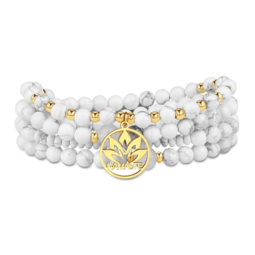 COAI Japamala Namaste Charm 108 Mala Beads Wrap Bracelet Stone Beaded Necklace - style: Howlite