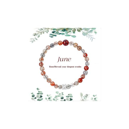 Birth Flower Crystal Bracelets for Women, Handmade Natural Gemstone Stretch Jewelry with Healing & Positive Energy - color: Jun. Rose & Quartz（2）