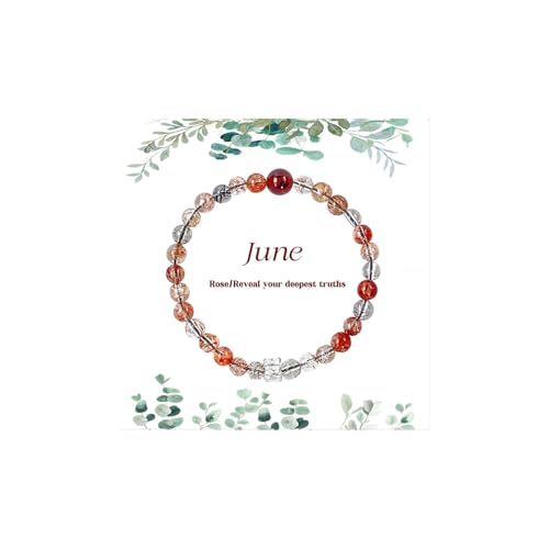 Birth Flower Crystal Bracelets for Women, Handmade Natural Gemstone Stretch Jewelry with Healing & Positive Energy - color: Jun. Rose & Quartz（2）