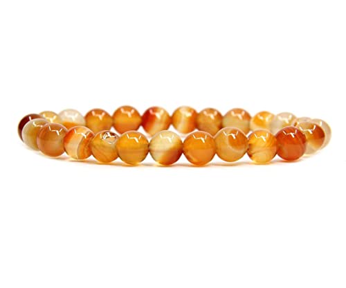 Angelstones Handmade Natural Healing Gemstone 8mm Round Beads Stretch Crystal Bracelet 7 Inch Unisex - color: Orange Red Agate