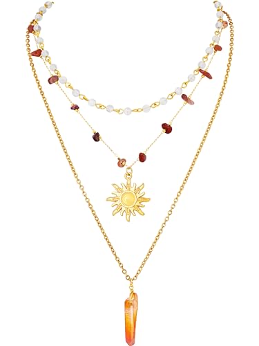 Sacina Layered Crystal Sun Necklace, Gothic Boho Hippie Summer Beach Necklace, Boho Hippie Jewelry, Christmas Jewelry Gift for Women - color: Gold