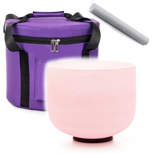 Singing Bowl 8 inch F Note Pink Color Heart Chakra Color Quartz Frosted Crystal Meditation Bowl Yoga Musical Instrument with Travel Bag Carrying Case Suede Mallet O-ring - color: Pink, size: 8 inch