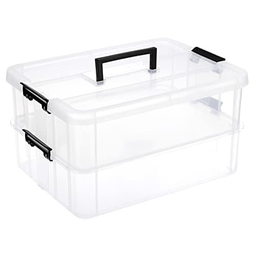JUXYES 2-Tiers Stack Carry Storage Box With Handle, Transparent Stackable Storage Bin With Handle Lid Latching Storage Container for School & Office Supplies - color: Black