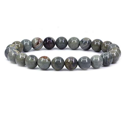 Amandastone Natural Gemstone 8mm Round Beads Stretch Bracelet 7 Inch - color: Silver Leaf Jasper