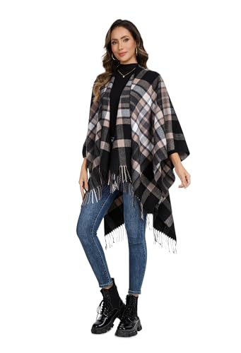 Shawl Wraps for Women, Elegant Knitted Cape Open Front Poncho Scarf Blanket Cardigan Coat for Spring, Autumn, and Winter - color: Black Khaki 2