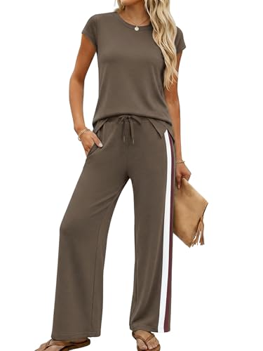 Casly Lamiit 2 Piece Pants Set for Women Travel Set Short Sleeve Track Suits Shirt and Pants Set Casual - color: Coffee, size: X-Large