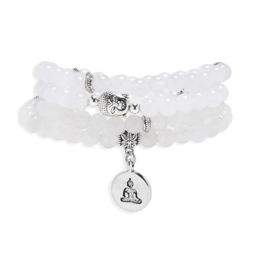 108 Mala Beads Bracelet/Necklace with Buddha Charm – Meditation Beads, Yoga Jewelry, Prayer Beads, Zen Necklace – Ideal Gift for Spiritual Practice - style: White Jade