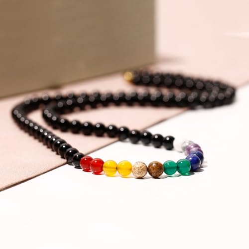Reiki 7 Chakra Obsidian Beaded Necklace Protection Spiritual Crystals Meditation Yoga Necklaces for Women and Men Good Luck Jewelry - size: 24in