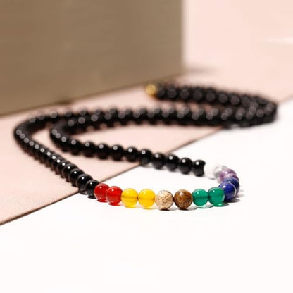 Reiki 7 Chakra Obsidian Beaded Necklace Protection Spiritual Crystals Meditation Yoga Necklaces for Women and Men Good Luck Jewelry - size: 24in