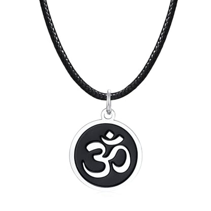 Stainless Steel Om Necklace for Men Women, gold plated/Silver/Black Yoga Charm Pendant Necklaces Aum Om Ohm Sanskrit Symbol Hindu Meditation Chain Necklace,Mens Womens Jewelry Gifts - color: Round Black