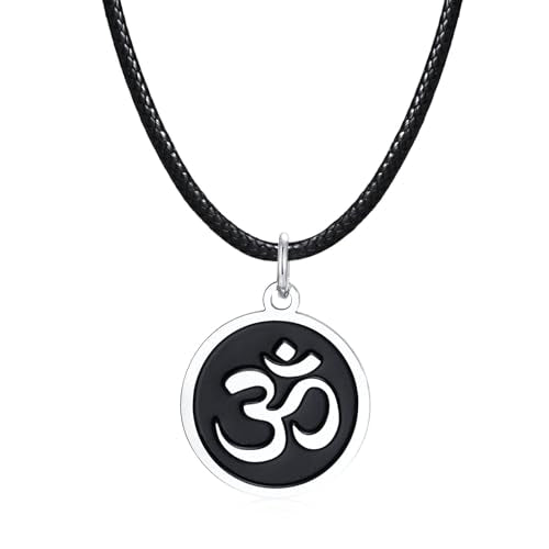 Stainless Steel Om Necklace for Men Women, gold plated/Silver/Black Yoga Charm Pendant Necklaces Aum Om Ohm Sanskrit Symbol Hindu Meditation Chain Necklace,Mens Womens Jewelry Gifts - color: Round Black