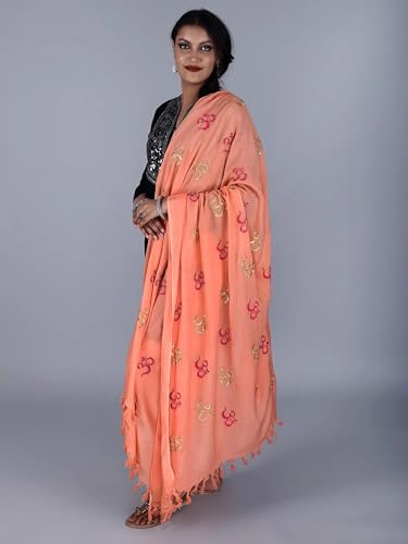 Exotic India Prayer Shawl with Zari and Thread Embroidered Dual Color Om Motif - Viscose Cotton