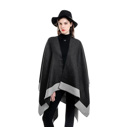 Shawl Wraps for Women, Elegant Knitted Cape Open Front Poncho Scarf Blanket Cardigan Coat for Spring, Autumn, and Winter - color: Black Gray