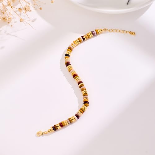 WOWORAMA Colorful Stone Beaded Bracelets for Women Brown Boho Beads Bracelet Handmade Round Stone Bead Bracelet Stackable Trendy Summer Jewelry