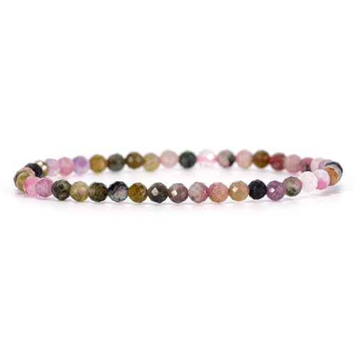 Angelstones Natural Gemstone Small Beaded Stretch Bracelet, 4mm Faceted Round Beads, Crystal Healing Bracelet for Women - color: Multicolor Tourmaline