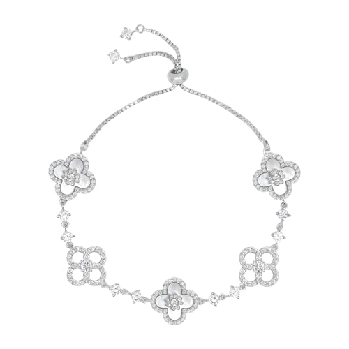 Aura & Irena Adjustable 18K Platinum Plated Clover Bracelets for Women - Mother of Pearl Non-Bangle Bracelet with 3A Cubic Zirconia, Valentine's Day Hypoallergenic Gift - color: SILVER A