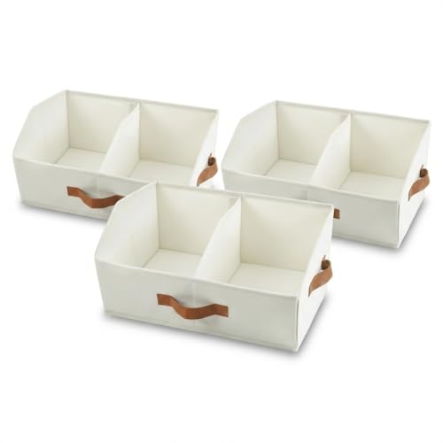 Closet Organizers And Storage - UPGRADED Trapezoid Storage Bin With Leather Handles & Adjustable Dividers, Fabric Collapsible Storage Bins For Clothes Storage & Shelf Organizer (3pcs, Small, Ivory) - color: Ivory, size: 1. Small 3pc