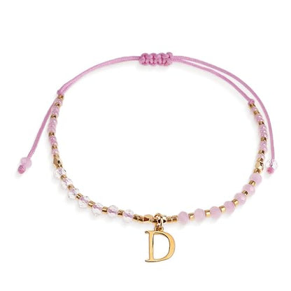 Pink Gold Beaded Natural Stone Initial Bracelets for Women Teen, Boho Handmade Personalized Gemstone Beads Letter Name Braided Rope Adjustable Bracelet Beach Bohemian Jewelry Gift - color: D