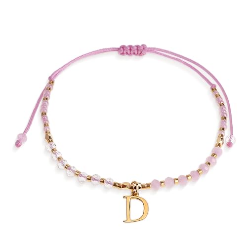 Pink Gold Beaded Natural Stone Initial Bracelets for Women Teen, Boho Handmade Personalized Gemstone Beads Letter Name Braided Rope Adjustable Bracelet Beach Bohemian Jewelry Gift - color: D