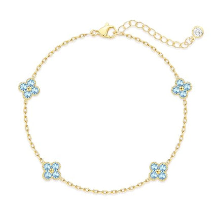 Birthstone Gold Clover Bracelet Dainty 14K Gold Plated Cute Friendship Stackable Bracelets for Women No Tarnish Trendy Charm Best Friend Bracelet Stack for Birthday Jewelry - color: 03. March(Aquamarine)