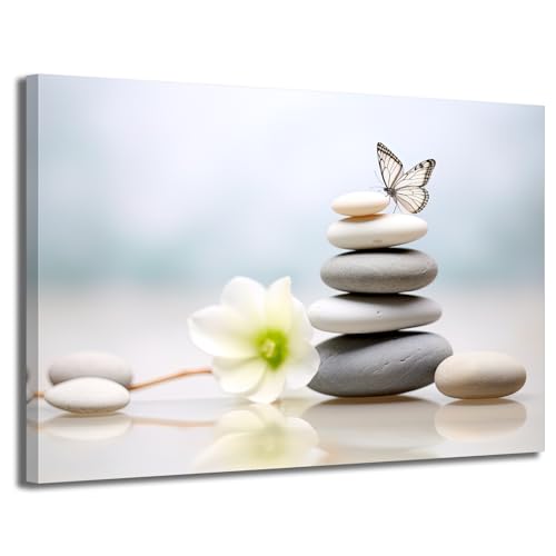 GLOKAKA Zen Stone Canvas Wall Art Spa Stone with White Flower and Butterfly Picture Bathroom Wall Art Modern Spa Artwork for Spiritual Yoga Room Bedroom Picture Wall Decor - color: Zen Stone 01, size: 42"L x 28"W