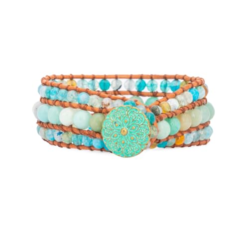 YGLINE Boho Handmade Natural Stone Bead 3 Row Wide Wrap Wrist Statment Bracelet Jewelry Collection - color: agate＆amazonite