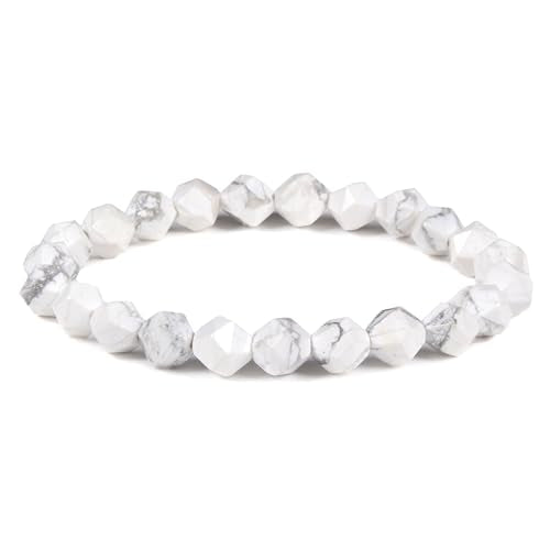 Justinstones 8mm Natural Gemstone Round Beads Triangle Faceted Charm Stretch Bracelet 6.5" - color: White Howlite