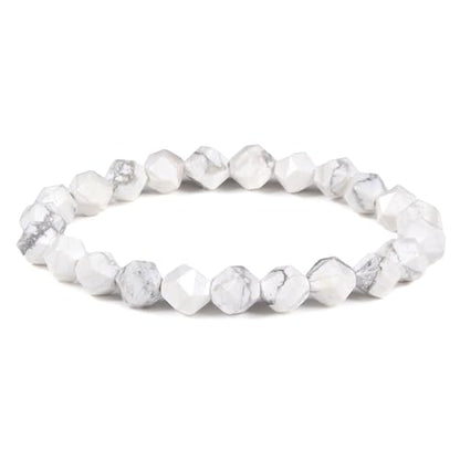 Justinstones 8mm Natural Gemstone Round Beads Triangle Faceted Charm Stretch Bracelet 6.5" - color: White Howlite