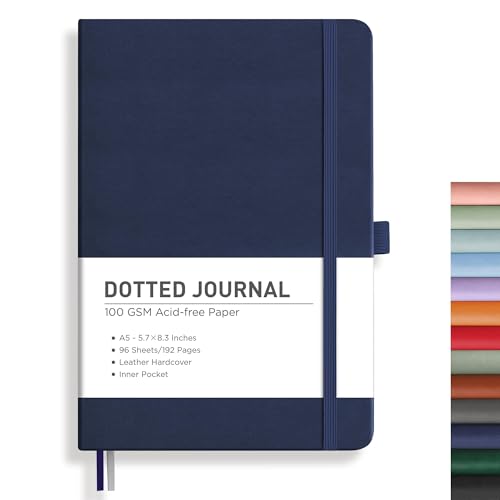 RETTACY Dotted Journal Notebook, 192 Pages, A5 Medium Size (5.7'' x 8.3''), Leather Hardcover, 100 GSM Thick Paper, for Journaling, Planning, Tracking (Navy Blue) - color: Navy Blue, style: Dotted