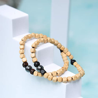 Eigso Natural Wood Beads Bracelets for Women and Men Square Wooden Bracelet for Healing - color: 2 Pcs - A2