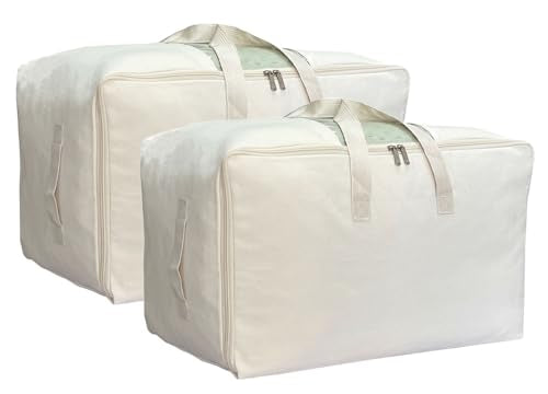 Soft Large Canvas Comforter Storage Bags with Four Carrying Handles and Clear Window, Closet Organizer for Clothing, Blankets Sheets Pillows and Bedding, 80L, 2 Pack, Beige - color: Beige, size: 80L - 2 Pack