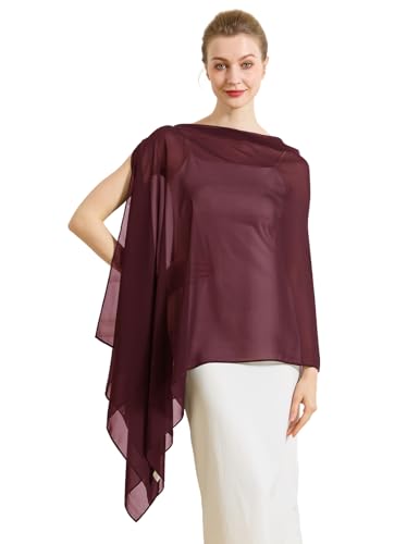 Chiffon Cape Shawl Wrap Scarf 3 Ways to Wear Elegant Sheer Capelet for Evening Dresses Weddings Parties - color: Cabernet