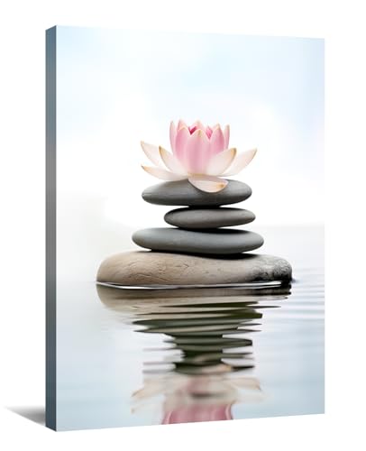 KPLUNDO Lotus Wall Art Zen Canvas Print Wall Decor Spa Stones on Wahter Picture Meditation Painting Relax Artwork for Bathroom Living Room Modern Home Decor Frame(Art-1,12.00x18.00 inch) - color: Art-1, size: 18"L x 12"W