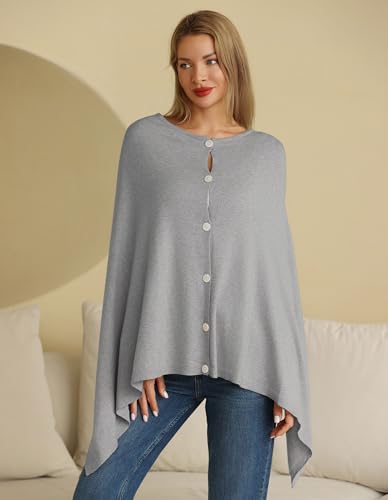 PULI Women's Versatile Knitted Shawls Scarf Poncho Sweater with Buttons Lightweight Spring Summer Fall Wraps - color: Round Neck-grey