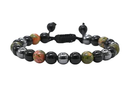 Amazing Gemstone Health Bracelet - Unakite Black Obsidian Hematite Bracelet Set for Men Women Healing Calming Anxiety Stress Relief Gifts Pulseras Para Hombres Mujer Stocking Stuffers (Adjustable) - color: Health