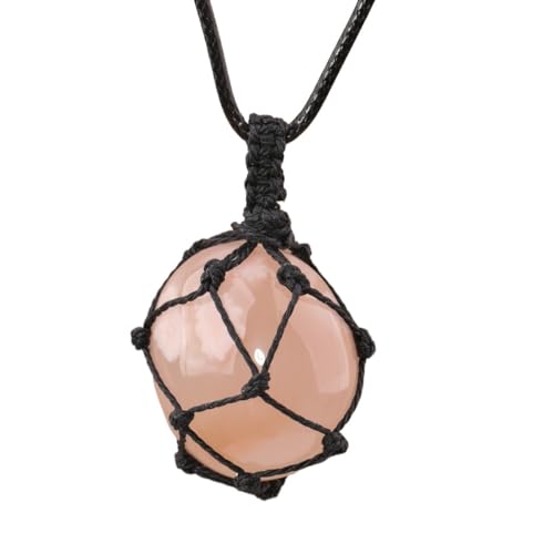 Crystal Tumbled Stone Pendant Necklace for Women Knotted Net Bag Leather Necklace Yoga Meditation Jewelry Gifts - color: Blossom Agate