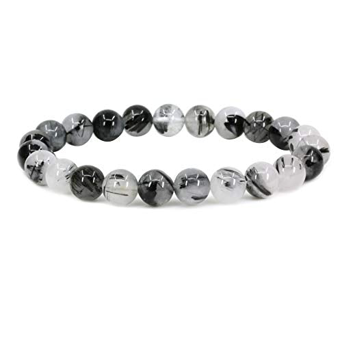Amandastone Natural Gemstone 8mm Round Beads Stretch Bracelet 7 Inch - color: Black Rutilated Quartz