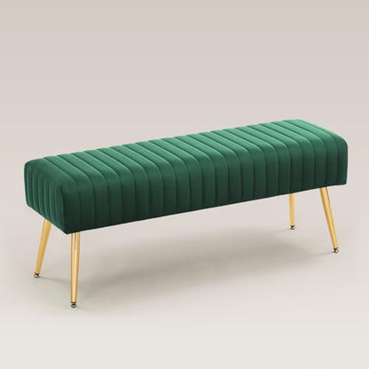 Furnimart 44 Inch Green Velvet Bench Ottoman Comfortable Footrest Stool Table Bench Dining Bench Tufting Bench Indoor Bench with Gold Legs for Living Room Bedroom Entryway (Velvet-Green) - color: Velvet-green