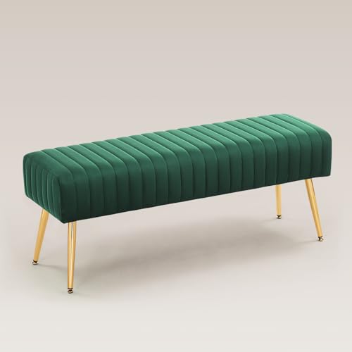 Furnimart 44 Inch Green Velvet Bench Ottoman Comfortable Footrest Stool Table Bench Dining Bench Tufting Bench Indoor Bench with Gold Legs for Living Room Bedroom Entryway (Velvet-Green) - color: Velvet-green