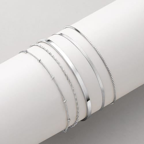 Dainty Gold Bracelet for Women Stack, Thin Bracelets Stackable Set with Bangle Cuff, Box, Herringbone, Paperclip, Figaro, Sparkling Link Chains Waterproof, Simple Jewelry Gifts for Women Non Tarnish - color: style 01-silver
