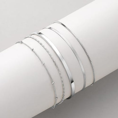 Dainty Gold Bracelet for Women Stack, Thin Bracelets Stackable Set with Bangle Cuff, Box, Herringbone, Paperclip, Figaro, Sparkling Link Chains Waterproof, Simple Jewelry Gifts for Women Non Tarnish - color: style 01-silver