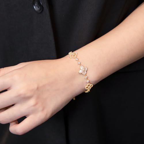 Aura & Irena Adjustable 18K Platinum Plated Clover Bracelets for Women - Mother of Pearl Non-Bangle Bracelet with 3A Cubic Zirconia, Valentine's Day Hypoallergenic Gift - color: GOLD A