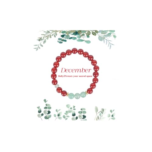 Birth Flower Crystal Bracelets for Women, Handmade Natural Gemstone Stretch Jewelry with Healing & Positive Energy - color: Dec. Holly & Agate