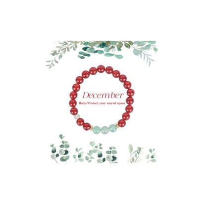 Birth Flower Crystal Bracelets for Women, Handmade Natural Gemstone Stretch Jewelry with Healing & Positive Energy - color: Dec. Holly & Agate