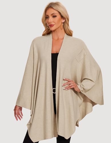 PULI Womens Elegant Cross Front Shawl Wraps Knitted Ponchos Cape Light Weight Poncho Sweater Soft Warm Travel Wraps - color: Barley Twist
