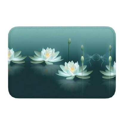 Dragonfly with Water Lily Print Flannel Anti-Slip Mat 16x24in Polyester Floor Covering, Full Single-Side Printed - color: Dragonfly With Water Lily